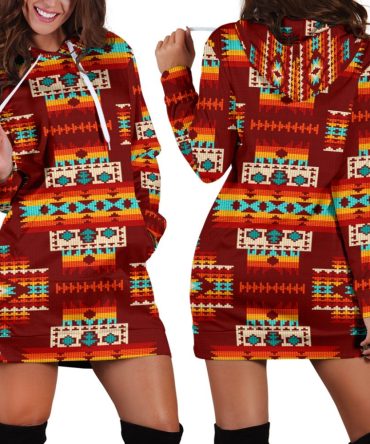 Red Pattern Native Hoodie Dress