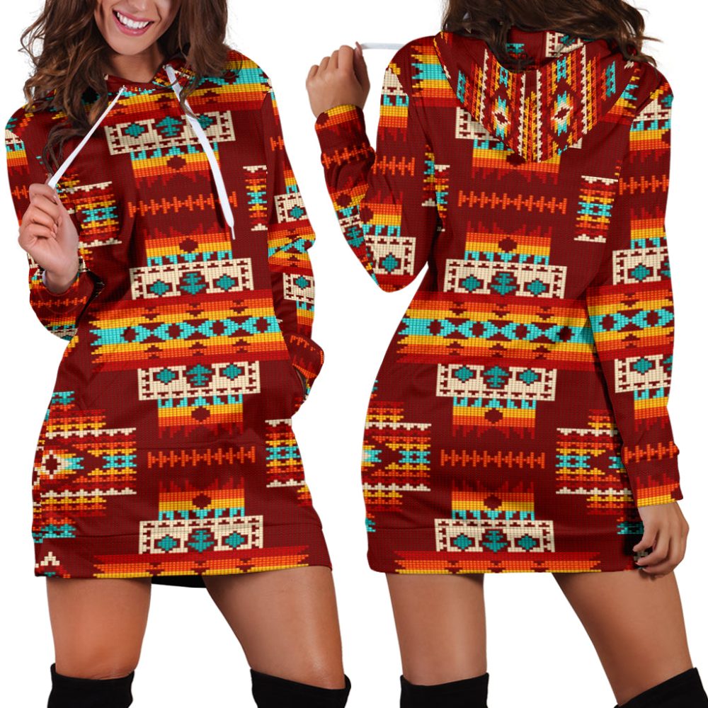 Red Pattern Native Hoodie Dress