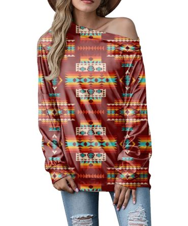 Red Pattern Native Off-shoulder Sweatshirt