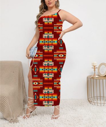 Red Pattern Oblique-Shoulder Exposure Dress With Side Split