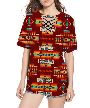 Red Pattern Round Neck Hollow Out Tshirt