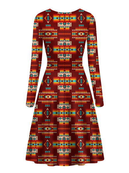 Red Pattern Native V-Long Sleeve Dress - Image 3