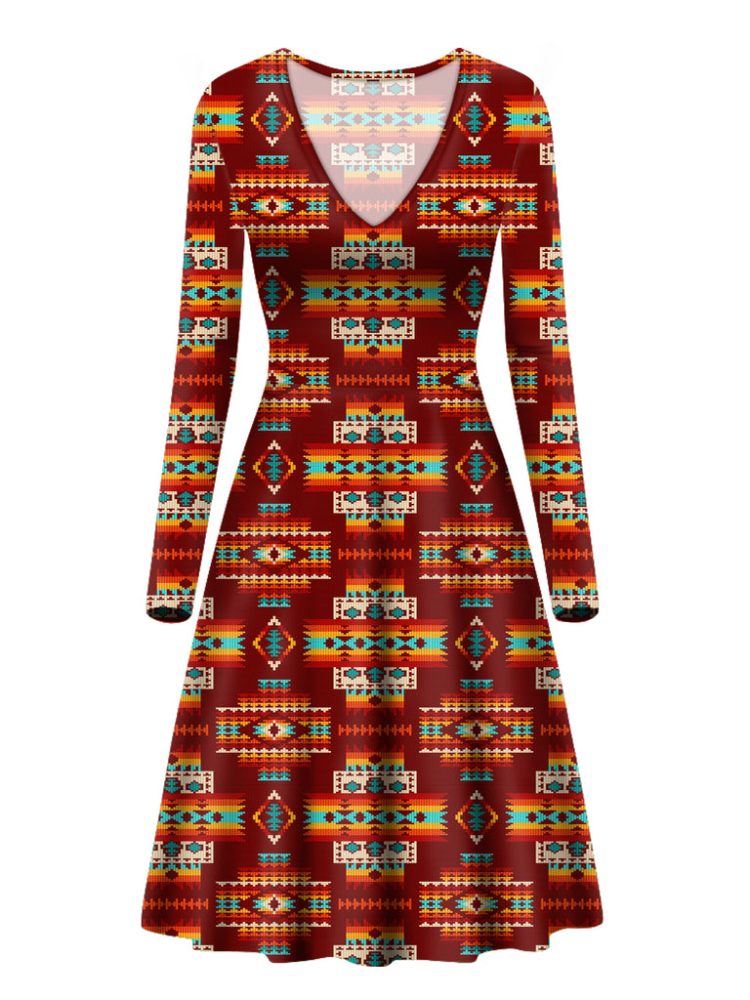 Red Pattern Native V-Long Sleeve Dress