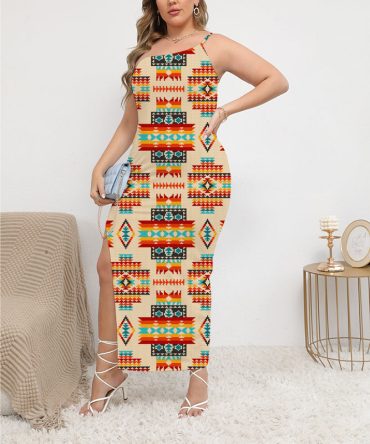 Cream Pattern Oblique-Shoulder Exposure Dress With Side Split