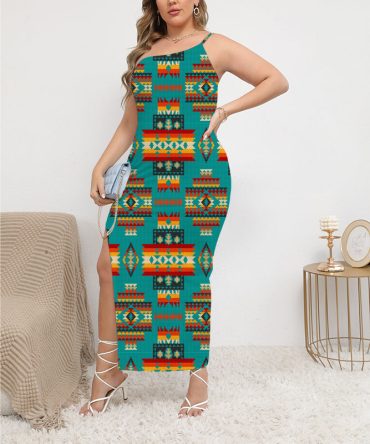 Blue Pattern Oblique-Shoulder Exposure Dress With Side Split