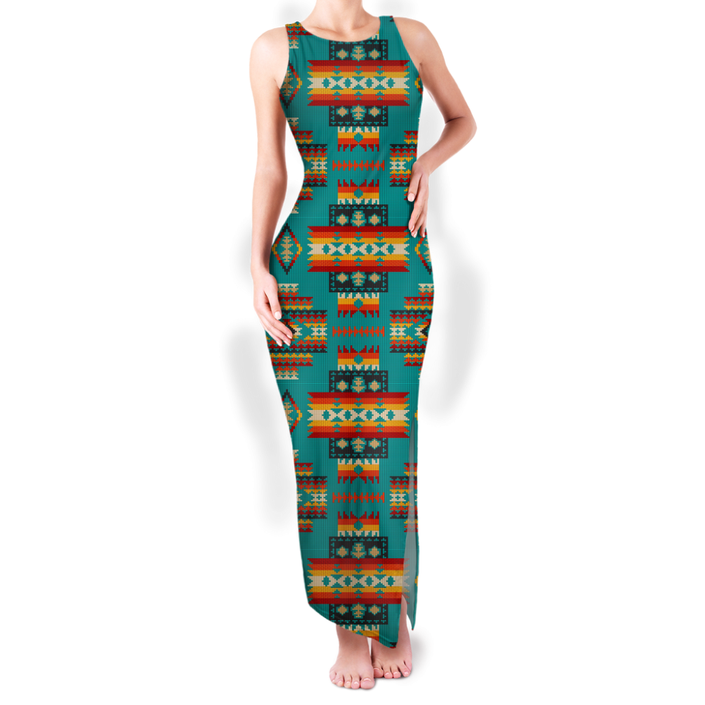 Pattern Native Round Neck Double Slit Sundress