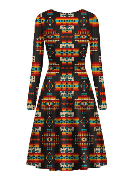 Black Pattern Native V-Long Sleeve Dress - Image 3