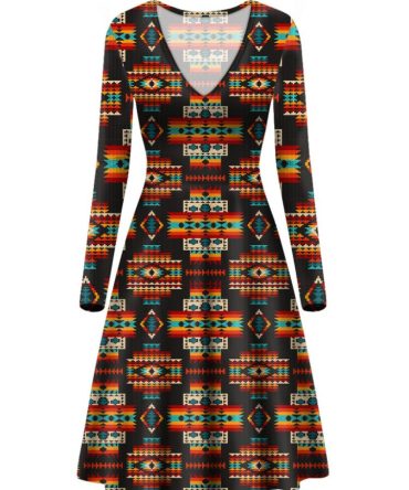 Black Pattern Native V-Long Sleeve Dress