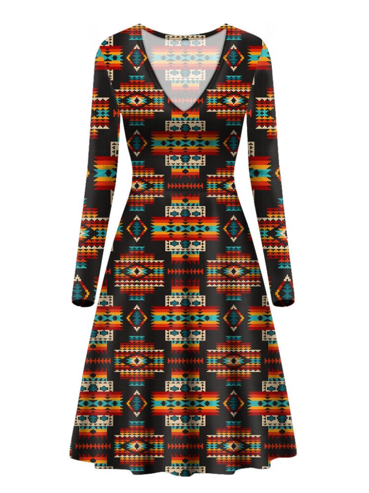 Black Pattern Native V-Long Sleeve Dress