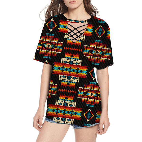 Black Pattern Round Neck Hollow Out Tshirt - Image 2