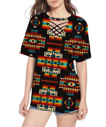 Black Pattern Round Neck Hollow Out Tshirt