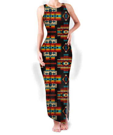 Pattern Native Round Neck Double Slit Sundress