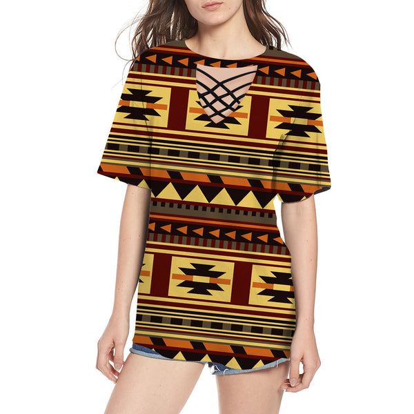 Brown Ethnic Pattern Round Neck Hollow Out Tshirt - Image 2