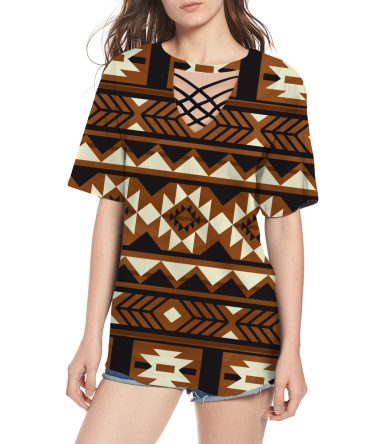 Brown Pattern Native Round Neck Hollow Out Tshirt