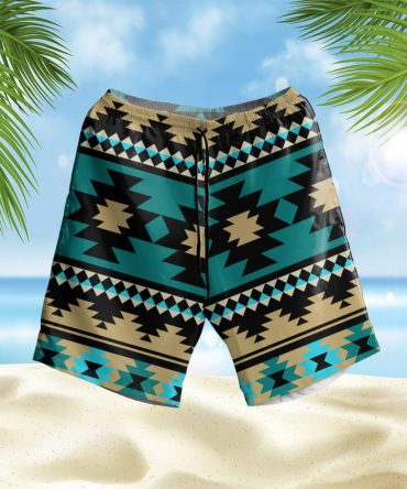 Green Ethnic Aztec Pattern Hawaiian Shorts