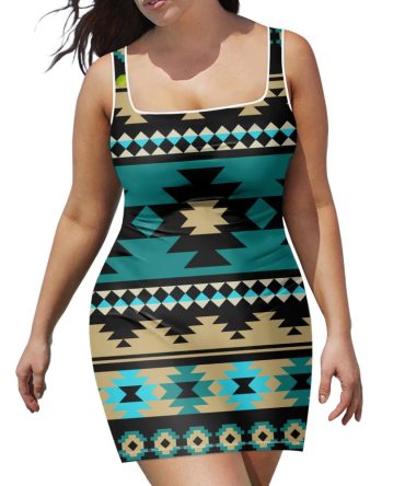Green Ethnic Aztec Pattern Neckline Dress