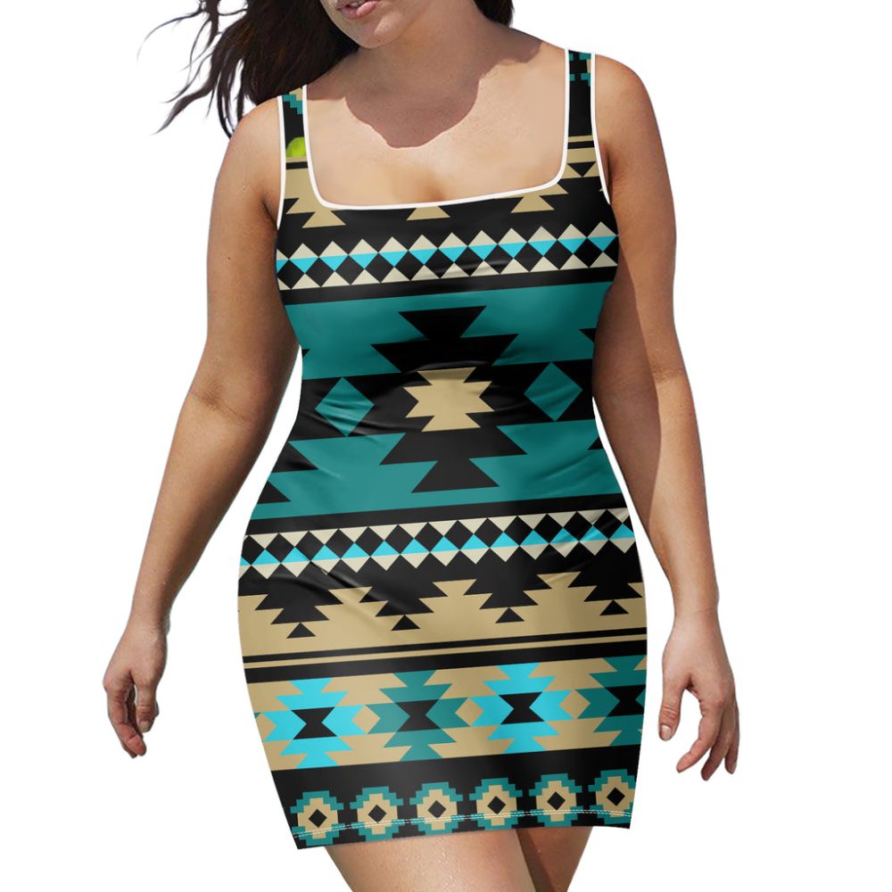 Green Ethnic Aztec Pattern Neckline Dress