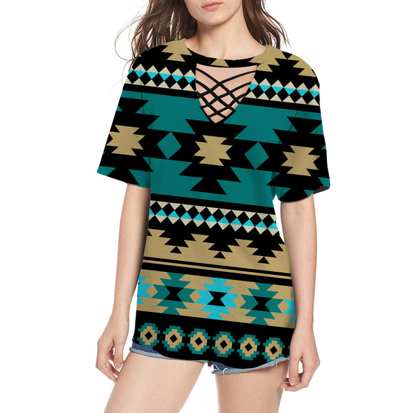 Green Ethnic Aztec Pattern Round Neck Hollow Out Tshirt - Image 2