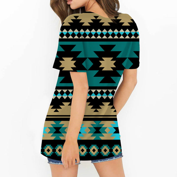 Green Ethnic Aztec Pattern Round Neck Hollow Out Tshirt - Image 3