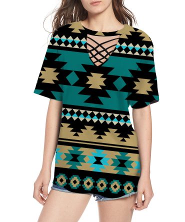 Green Ethnic Aztec Pattern Round Neck Hollow Out Tshirt