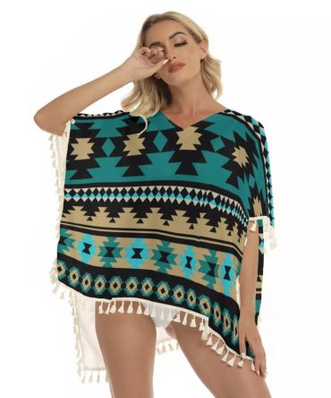 Green Ethnic Aztec Pattern Square Fringed Shawl