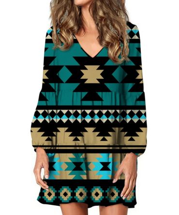 Green Ethnic Aztec Pattern Swing Dress