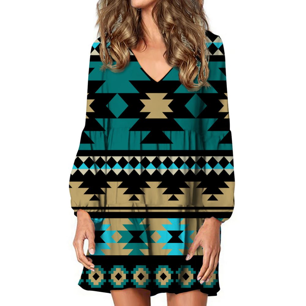 Green Ethnic Aztec Pattern Swing Dress