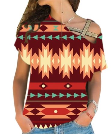 Red Ethnic Pattern Cross Shoulder Shirt