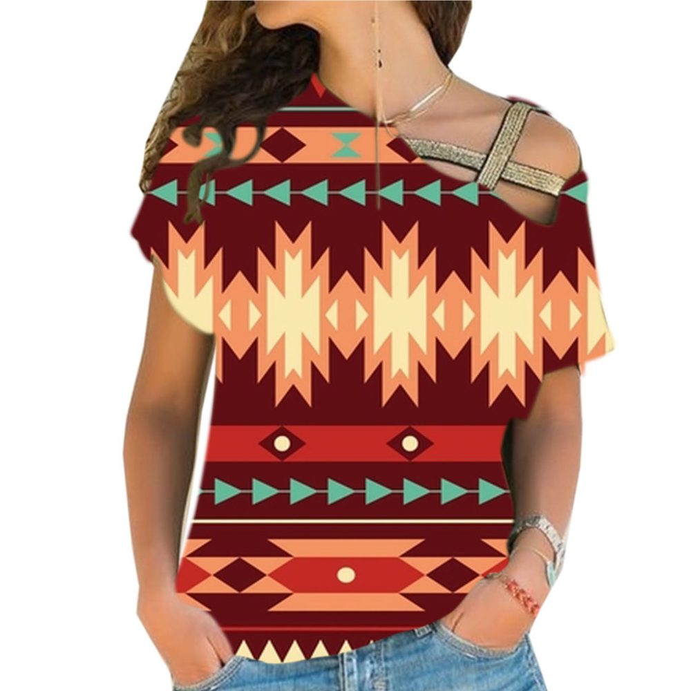 Red Ethnic Pattern Cross Shoulder Shirt