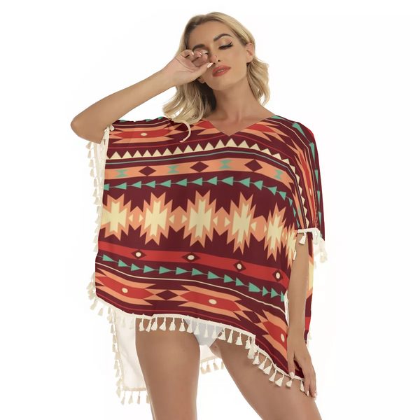 Red Ethnic Pattern Square Fringed Shawl - Image 2