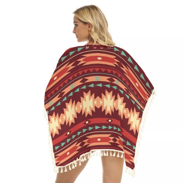 Red Ethnic Pattern Square Fringed Shawl - Image 3