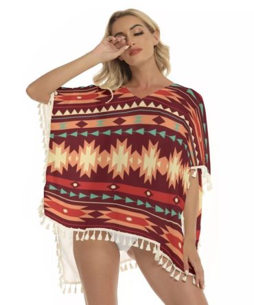 Red Ethnic Pattern Square Fringed Shawl