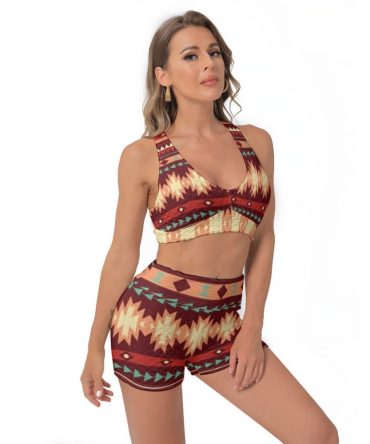 Red Ethnic Pattern Women's Sports Bra Suit