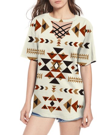 Ethnic Pattern Design Round Neck Hollow Out Tshirt