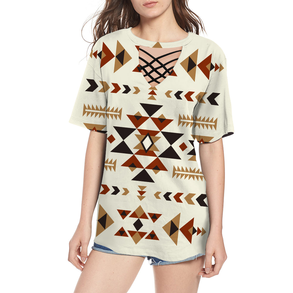Ethnic Pattern Design Round Neck Hollow Out Tshirt