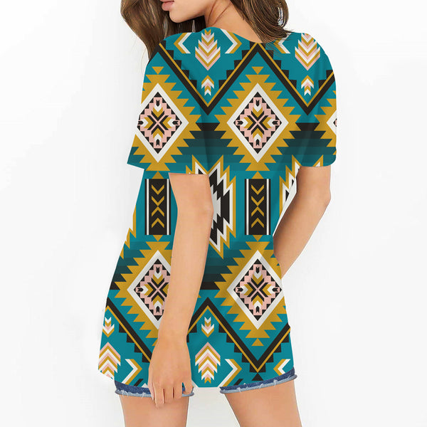 Turquoise Geometric Pattern Round Neck Hollow Out Tshirt - Image 3