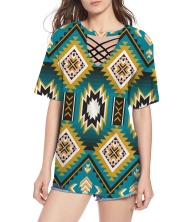Turquoise Geometric Pattern Round Neck Hollow Out Tshirt
