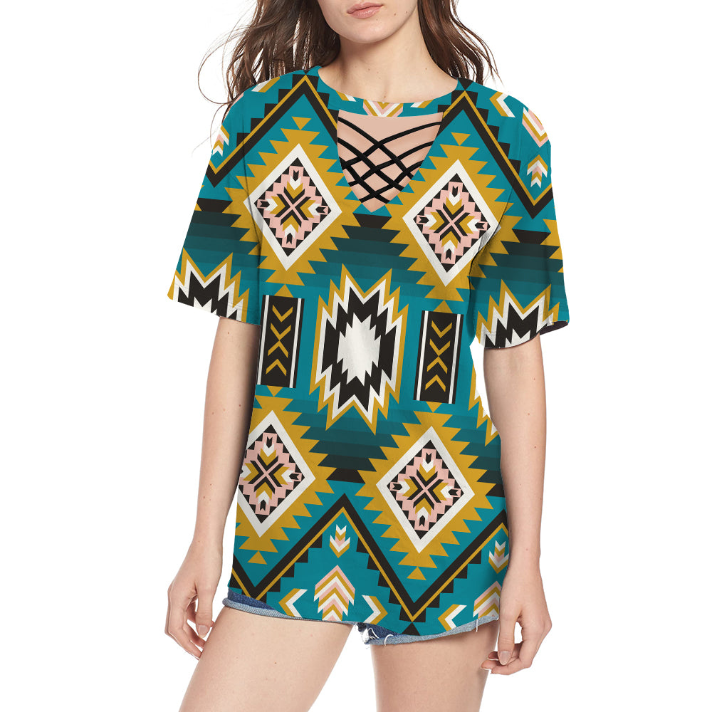 Turquoise Geometric Pattern Round Neck Hollow Out Tshirt