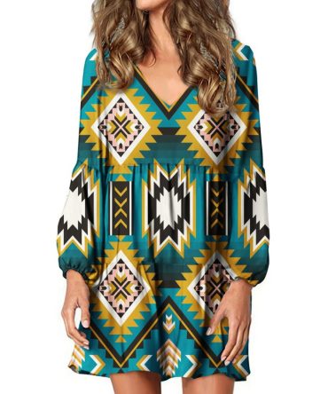 Turquoise Geometric Pattern Swing Dress