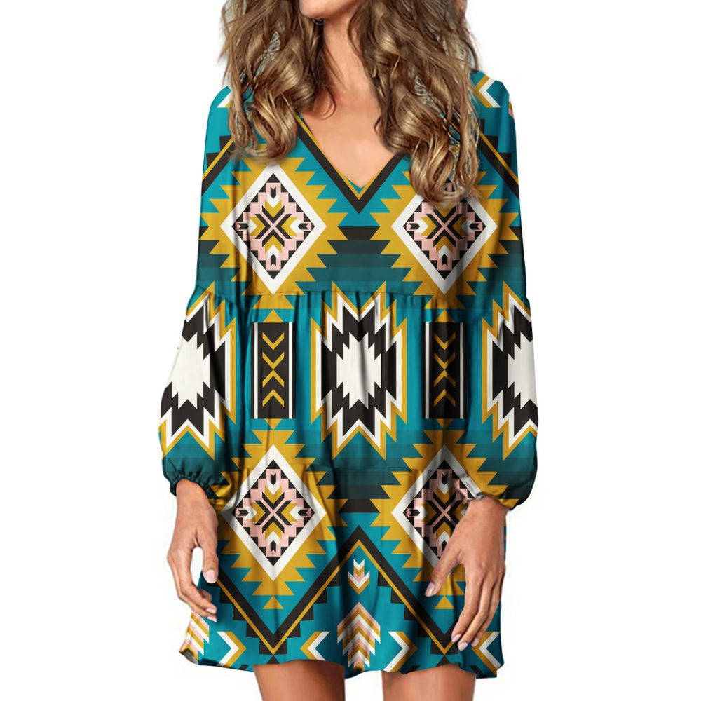 Turquoise Geometric Pattern Swing Dress
