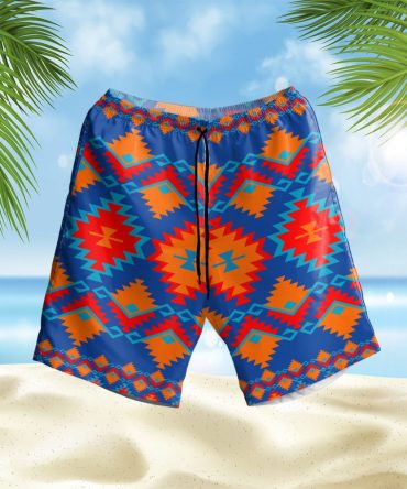 Red & Yellow Geometric Leatherette Hawaiian Shorts