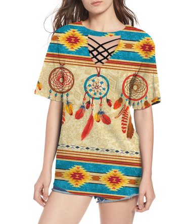 Feather Dream Catchers Round Neck Hollow Out Tshirt