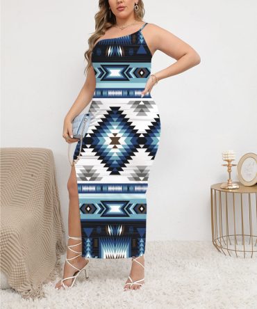 Blue Colors Pattern Oblique-Shoulder Exposure Dress With Side Split