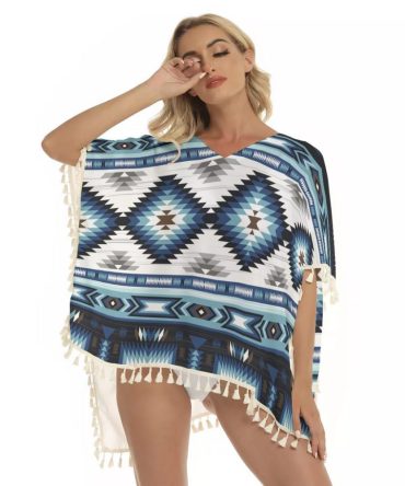 Blue Colors Pattern Square Fringed Shawl