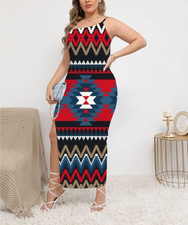 Ornamental Pattern Oblique-Shoulder Exposure Dress With Side Split
