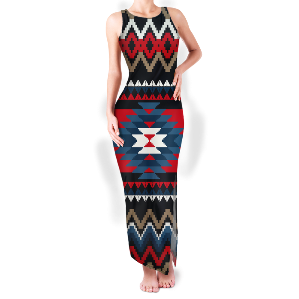 Pattern Native Round Neck Double Slit Sundress