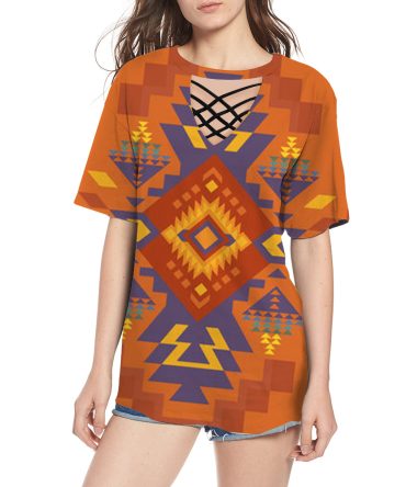 Orange Pattern Round Neck Hollow Out Tshirt