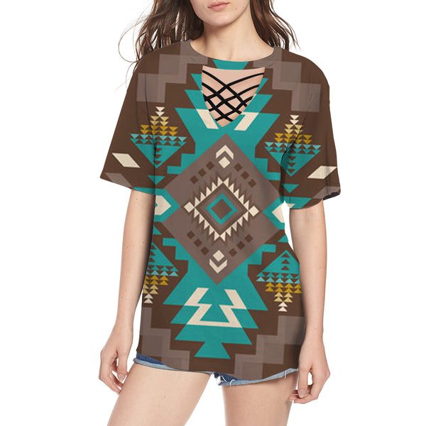 Blue Pattern Brown Round Neck Hollow Out Tshirt - Image 2