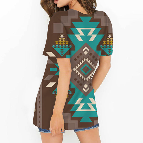 Blue Pattern Brown Round Neck Hollow Out Tshirt - Image 3