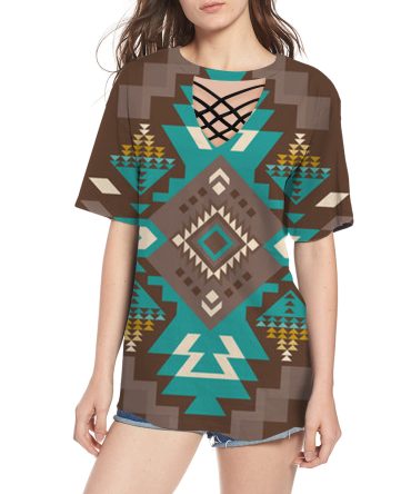 Blue Pattern Brown Round Neck Hollow Out Tshirt